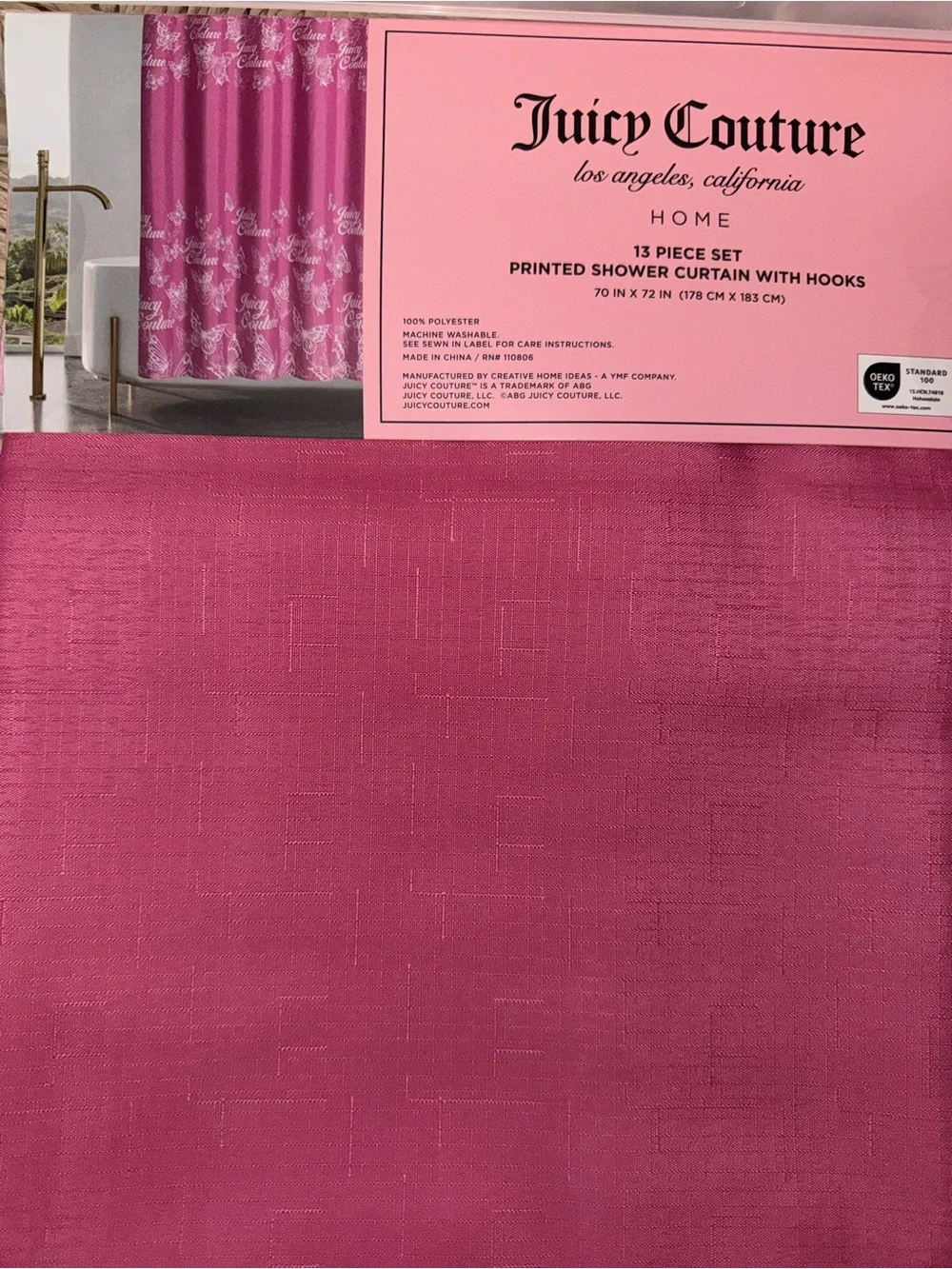Pink Printed Shower Curtain Set with Gold Hooks - juicy couture new